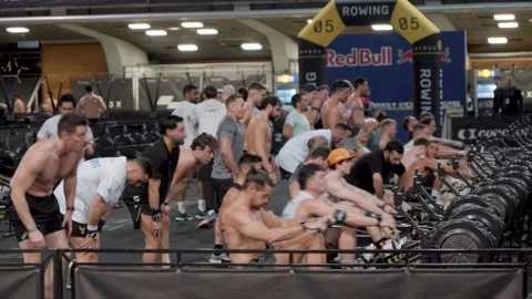 Static shot indoor rowing race at HYROX event in Nice France Stock Footage 336660219