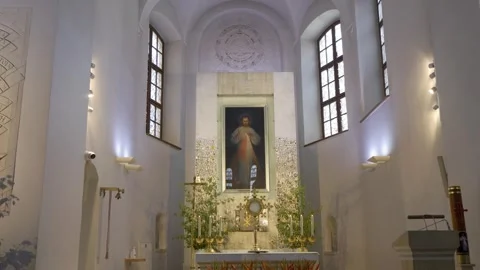 Static shot inside the Shrine of The Divine Mercy sanctuary in Vilnius Old Town Stock Footage 335737622