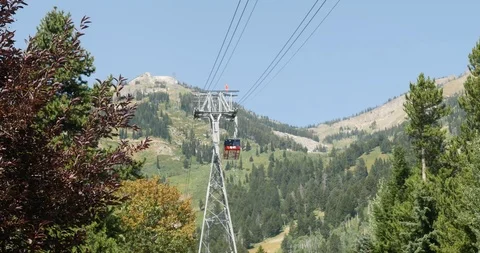 Static shot of Jackson Hole ski resort and gondola moving in summer Stock Footage 127305754