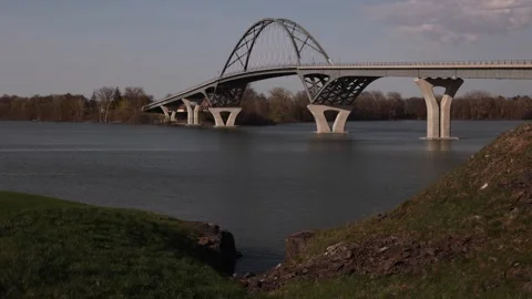 Static shot of Lake Champlain Bridge with grass in the foreground. Crown Point. Stock Footage 273607934