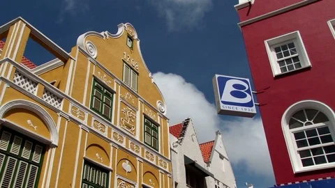 Static shot looking up at colourful gabled house Willemstad Video stock 75932239