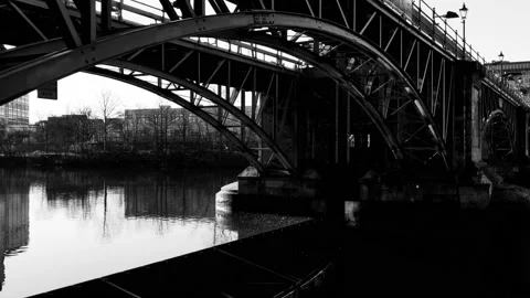 Static shot of metal bridge with flowing river 動画素材 171799652