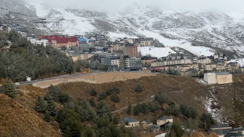 Static shot on mountain panorama landscape with snow and mountain village Stock Footage 121444768