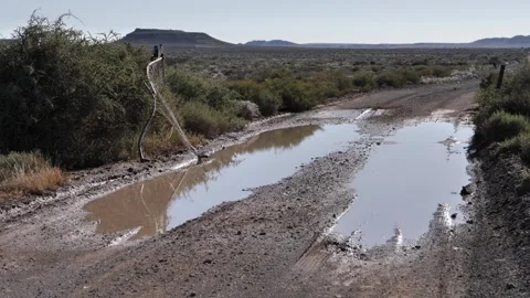 Static shot: Mud puddles at broken fence gate in flat, arid landscape Stock Footage 254016655