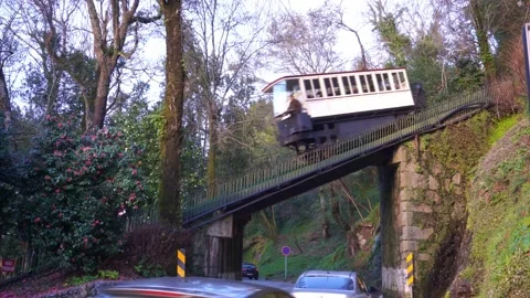 Static shot of old Bom Xesus elevator in Braga, Portugal, ascending rails Stock Footage 233076289