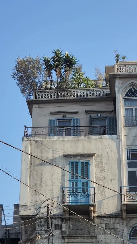 A static shot of an old building with a rooftop garden in Tripoli Stock-Footage 314208494