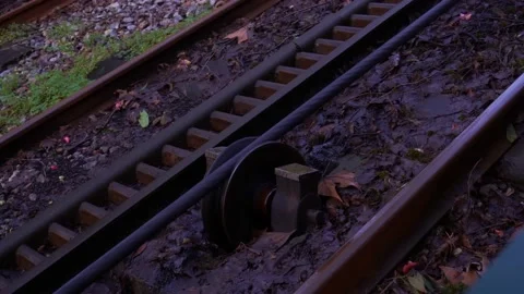 Static shot of old, operating Bom Xesus elevator's rails, pulley and cable Stock Footage 232978707