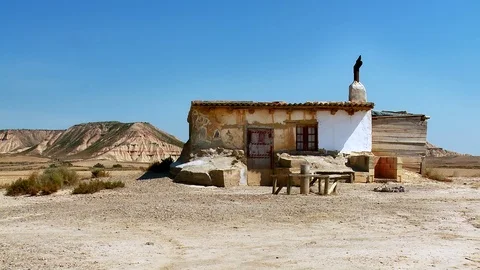 Static shot of old shack - Bardenas Riales Natural Park, Navarre, Spain Stock Footage 74601647