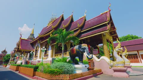 Static shot of ornate Buddhist temple with elephant statue in Chiang Mai Stock Footage 342335761