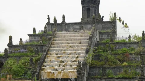 Static Shot Overcast Balinese Temple Cascade Waterfall Stairs Pairi Daiza Stock Footage 341419325