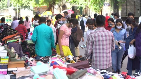 Static shot of people buying clothes in Janpath at New Delhi, India Stock Footage 166345136