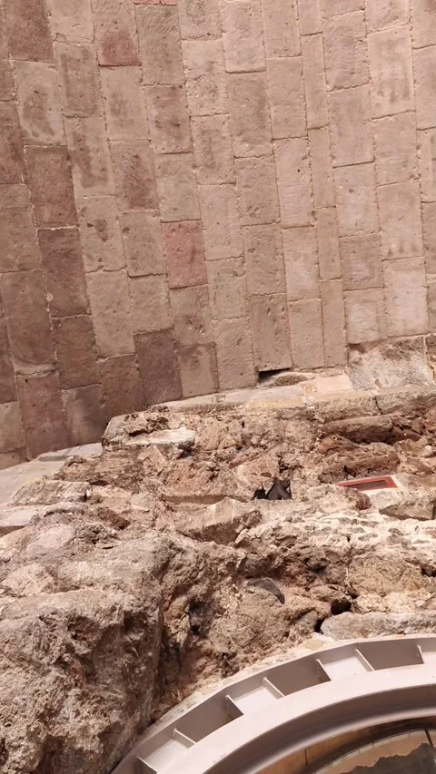 Static shot of pigeons gathered on a rugged ancient stone wall under a Video stock 334239025