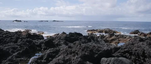 Static shot of Ponta da Ferraria a calm shot of the ocean, waves crashing Stock Footage 320074085