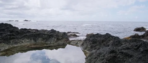 Static shot of Ponta da Ferraria a calm shot of the ocean, waves crashing Stock Footage 320074285