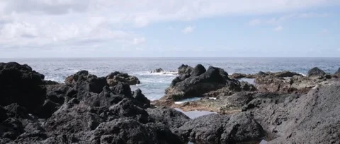 Static shot of Ponta da Ferraria a calm shot of the ocean, waves crashing Stock Footage 320074353
