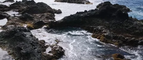 Static shot of Ponta da Ferraria a calm shot of the ocean, waves crashing Stock Footage 320074399