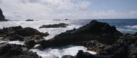 Static shot of Ponta da Ferraria a calm shot of the ocean, waves crashing Stock Footage 320074448