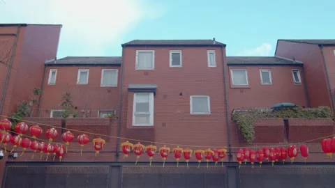 Static shot of red Chinese lanterns dangling for Chinese New Year Stock Footage 148618626