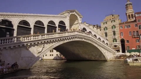Static shot of the Rialto Bridge and the Grand Canal, Venice Italy Stock Footage 83336073