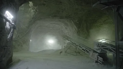 Static shot of salt mine conveyor belt leading into dusty cavern tunnel Stock Footage 319830438