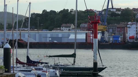 Static shot from San Juan across Pasaia bay, capturing port cranes and Stock Footage 289044096