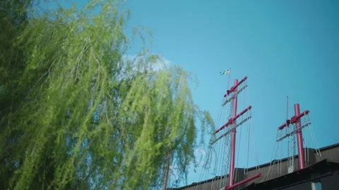 Static shot of a ship mast with rigging and a Swedish flag rising above leafy Stock Footage 324899379