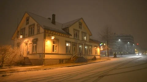Static Shot Of Snow Fall At Night In The Center Of Tromso Stock Footage 61203213