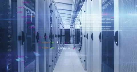 Static shot starting code snippets fading in rack aisle demonstrating cyber Stock Footage 317228676