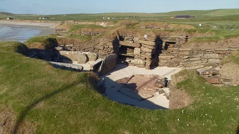 Static shot of stone neolithic house of the prehistoric village of Skara Brae Stock Footage 87535400