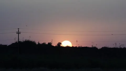 Static shot of the sun setting on the horizon with electrical wires silhouett Video stock 341016713