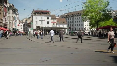 Static shot on sunny tram square in Basel Switzerland 스톡 동영상 335217851