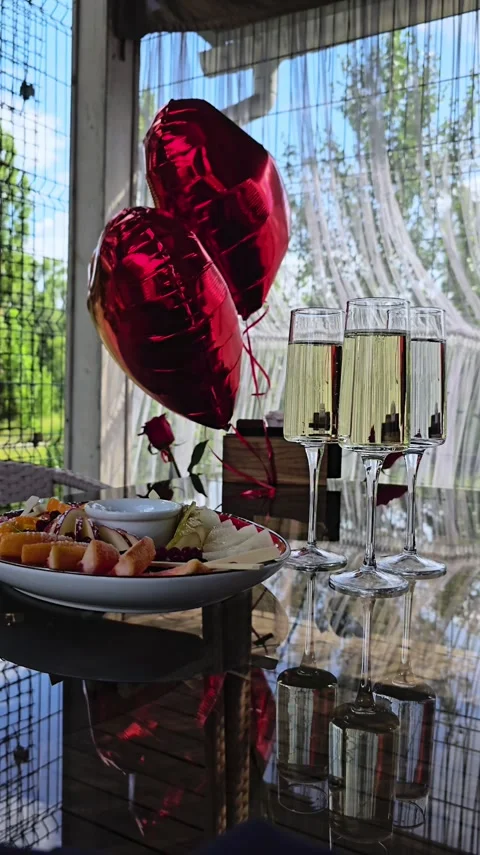Static shot of table with red balloons and refreshments in outdoor setting Stock Footage 346622267