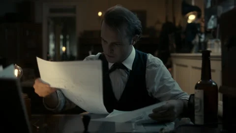 Static shot of Thomas Edison working in laboratory, USA, 1800s - Reenactment Stock Footage 236630323