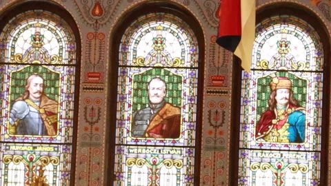 Static Shot of Three Decorative Stained Glass Windows in Synagogue Stock-Footage 330369809