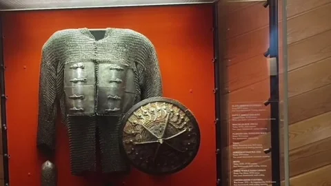 Static Shot of Tsar Alexei Mikhailovich's 17th Century Armor and Shield Stock Footage 343632730