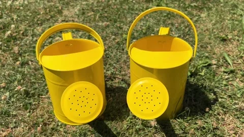 Static shot of two yellow kids watering cans Stock Footage 312528810