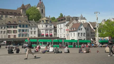 Static shot under clear blue sky of Basel old town square, Switzerland 스톡 동영상 335217780