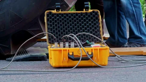 Static shot of yellow rugged equipment case with connected cables and sensor Vídeos de archivo 332922810