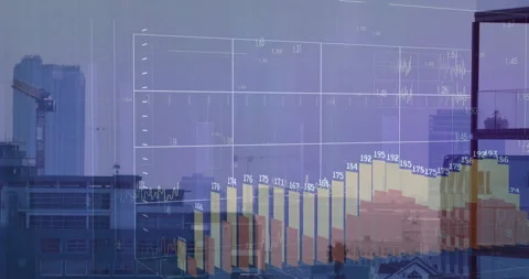 Static skyline starting grid fading in, plotting line rising bars visualizing Stock Footage 314687346