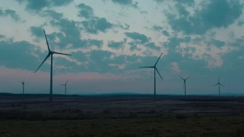 Static Slow Motion Shot of a Wind Farm at Dusk Stock Footage 196294792