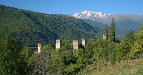 Static of Stone medieval Svaneti tower houses of Upper Svaneti, Mestia, Georgia. Stock Footage 104359514
