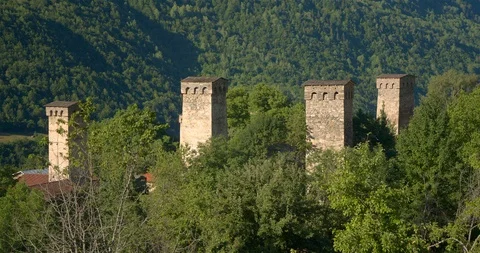 Static of Stone medieval Svaneti tower houses of Upper Svaneti, Mestia, Georgia. Stock Footage 104360650