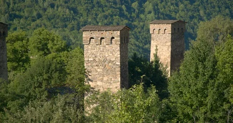 Static of Stone medieval Svaneti tower houses of Upper Svaneti, Mestia, Georgia. Stock Footage 104362729