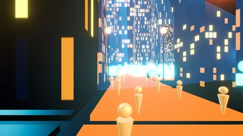 Static street-level perspective of glowing data citizens walking past a, 4K Stock-Footage 336840755
