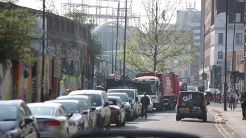 Static Street-Level Shot of Shoreditch Bohemian Urban Street in East London Stock Footage 75604095