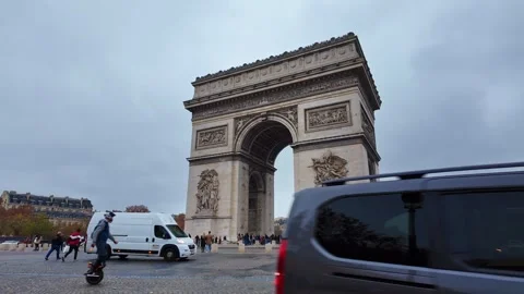 Static Street View of the Arc de Triomphe with Traffic and Pedestrians Stock Footage 322404112