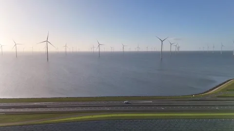 Static sunrise view across dam from the IJsselmeer side Stock Footage 331838487
