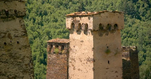 Static of Svaneti tower houses of Murkmeli, Ushguli, Upper Svaneti,  Georgia. Stock Footage 104379315