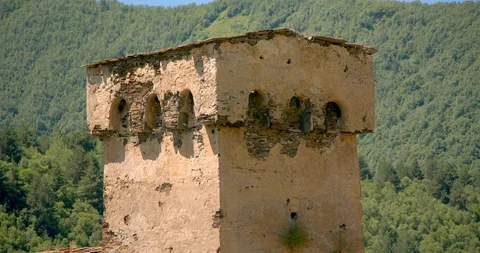 Static of Svaneti tower houses of Murkmeli, Ushguli, Upper Svaneti,  Georgia. Stock Footage 104385268