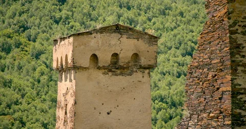 Static of Svaneti tower houses of Murkmeli, Ushguli, Upper Svaneti,  Georgia. Stock Footage 104385884